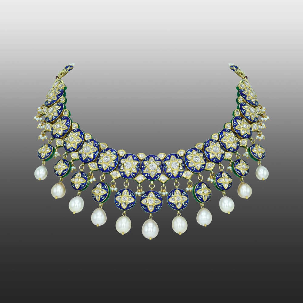 Pearl-Draped Polki Necklace with Blue Enamel Floral Motifs